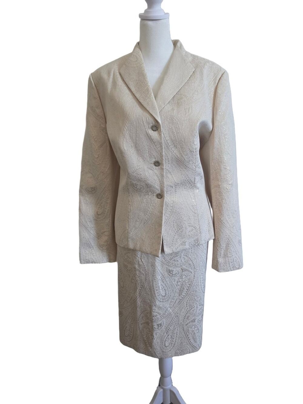 Vintage Le Suit Cream Paisley Jacquard Two-Piece Skirt Set Size 16
